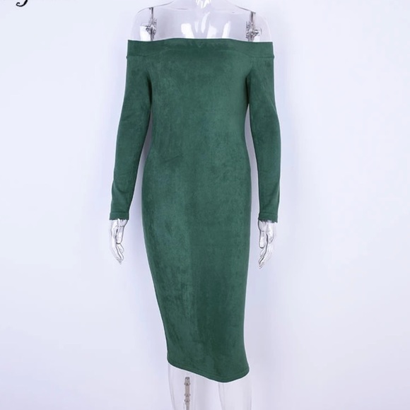 Suede Long Sleeve Off Shoulder Midi Dress in Green - Picture 2 of 7